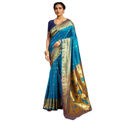 Mayawye Women's Silk Blend Zari Weaving Saree With Unstitched Blouse 5.5Mtr (Aqua)