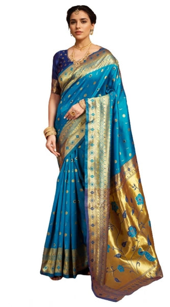 Mayawye Women's Silk Blend Zari Weaving Saree With Unstitched Blouse 5.5Mtr (Aqua)