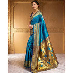 Mayawye Women's Silk Blend Zari Weaving Saree With Unstitched Blouse 5.5Mtr (Aqua)