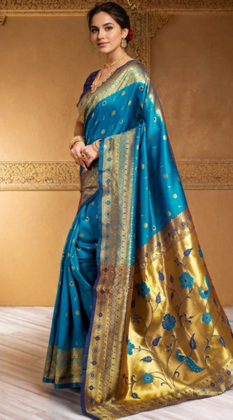 Mayawye Women's Silk Blend Zari Weaving Saree With Unstitched Blouse 5.5Mtr (Aqua)
