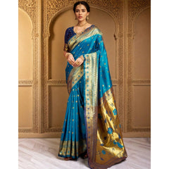 Mayawye Women's Silk Blend Zari Weaving Saree With Unstitched Blouse 5.5Mtr (Aqua)