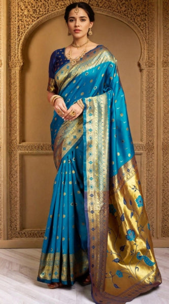 Mayawye Women's Silk Blend Zari Weaving Saree With Unstitched Blouse 5.5Mtr (Aqua)