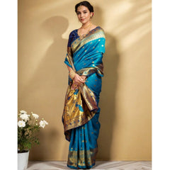 Mayawye Women's Silk Blend Zari Weaving Saree With Unstitched Blouse 5.5Mtr (Aqua)