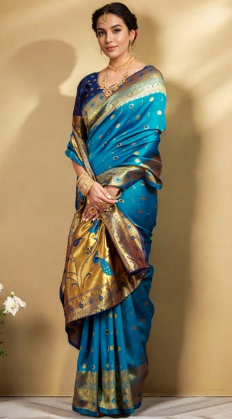 Mayawye Women's Silk Blend Zari Weaving Saree With Unstitched Blouse 5.5Mtr (Aqua)