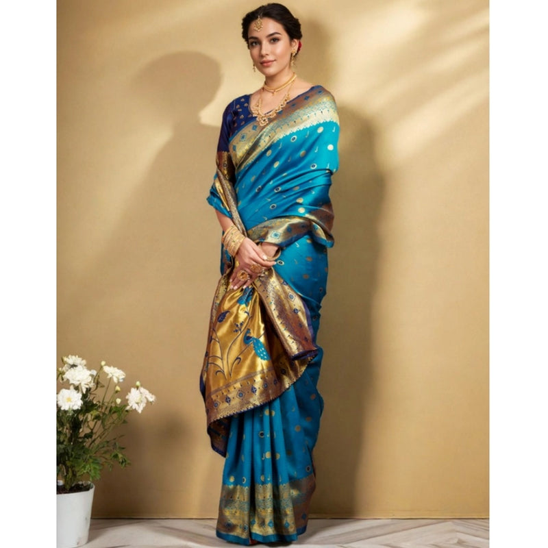 Mayawye Women's Silk Blend Zari Weaving Saree With Unstitched Blouse 5.5Mtr (Aqua)
