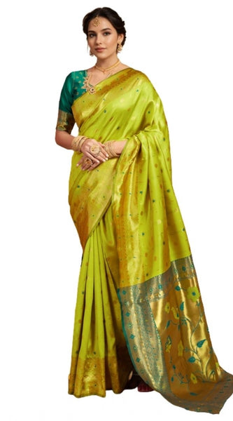 Mayawye Women's Silk Blend Zari Weaving Saree With Unstitched Blouse 5.5Mtr (Lime-Green)
