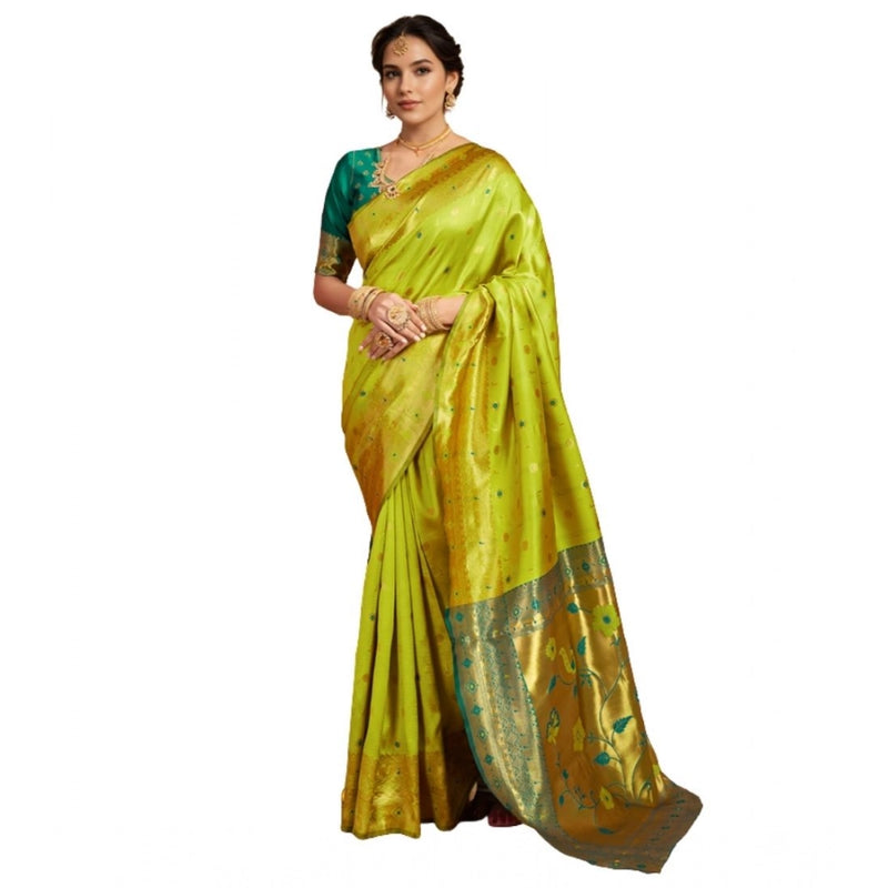 Mayawye Women's Silk Blend Zari Weaving Saree With Unstitched Blouse 5.5Mtr (Lime-Green)