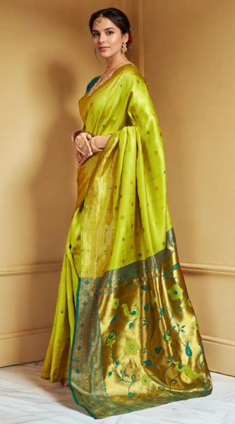 Mayawye Women's Silk Blend Zari Weaving Saree With Unstitched Blouse 5.5Mtr (Lime-Green)