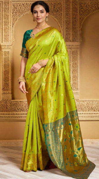 Mayawye Women's Silk Blend Zari Weaving Saree With Unstitched Blouse 5.5Mtr (Lime-Green)