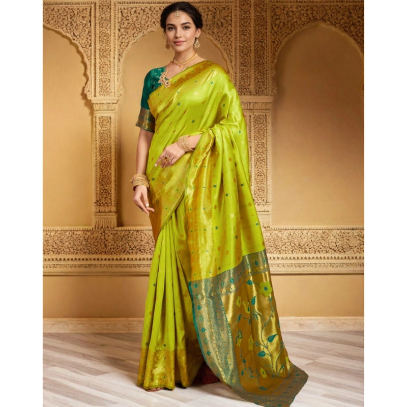 Mayawye Women's Silk Blend Zari Weaving Saree With Unstitched Blouse 5.5Mtr (Lime-Green)