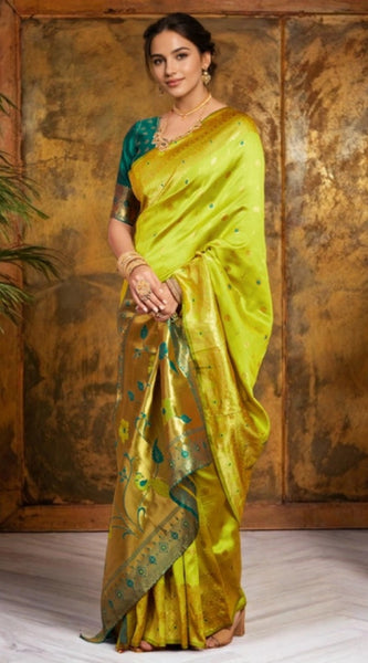 Mayawye Women's Silk Blend Zari Weaving Saree With Unstitched Blouse 5.5Mtr (Lime-Green)