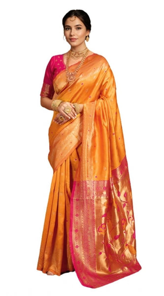 Mayawye Women's Silk Blend Zari Weaving Saree With Unstitched Blouse 5.5Mtr (Orange)