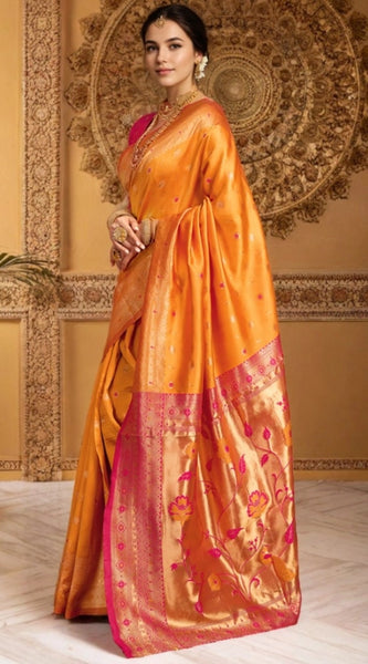 Mayawye Women's Silk Blend Zari Weaving Saree With Unstitched Blouse 5.5Mtr (Orange)