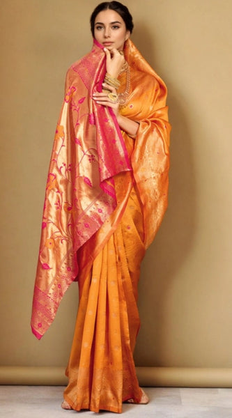 Mayawye Women's Silk Blend Zari Weaving Saree With Unstitched Blouse 5.5Mtr (Orange)