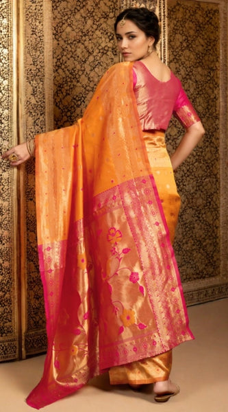Mayawye Women's Silk Blend Zari Weaving Saree With Unstitched Blouse 5.5Mtr (Orange)