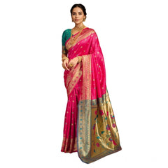 Mayawye Women's Silk Blend Zari Weaving Saree With Unstitched Blouse 5.5Mtr (Pink)