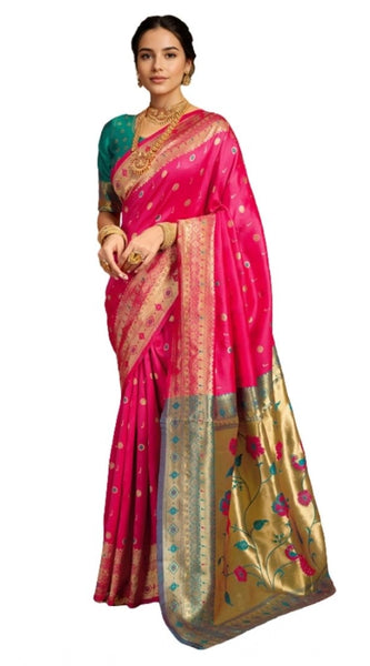 Mayawye Women's Silk Blend Zari Weaving Saree With Unstitched Blouse 5.5Mtr (Pink)