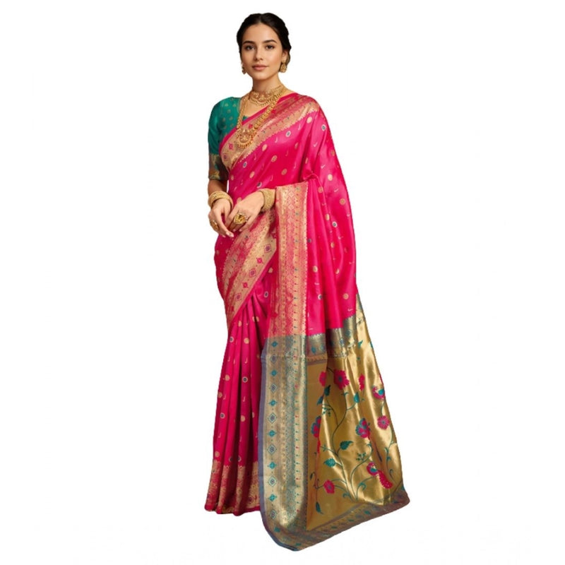 Mayawye Women's Silk Blend Zari Weaving Saree With Unstitched Blouse 5.5Mtr (Pink)