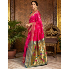 Mayawye Women's Silk Blend Zari Weaving Saree With Unstitched Blouse 5.5Mtr (Pink)
