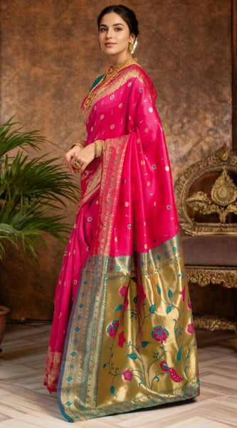 Mayawye Women's Silk Blend Zari Weaving Saree With Unstitched Blouse 5.5Mtr (Pink)