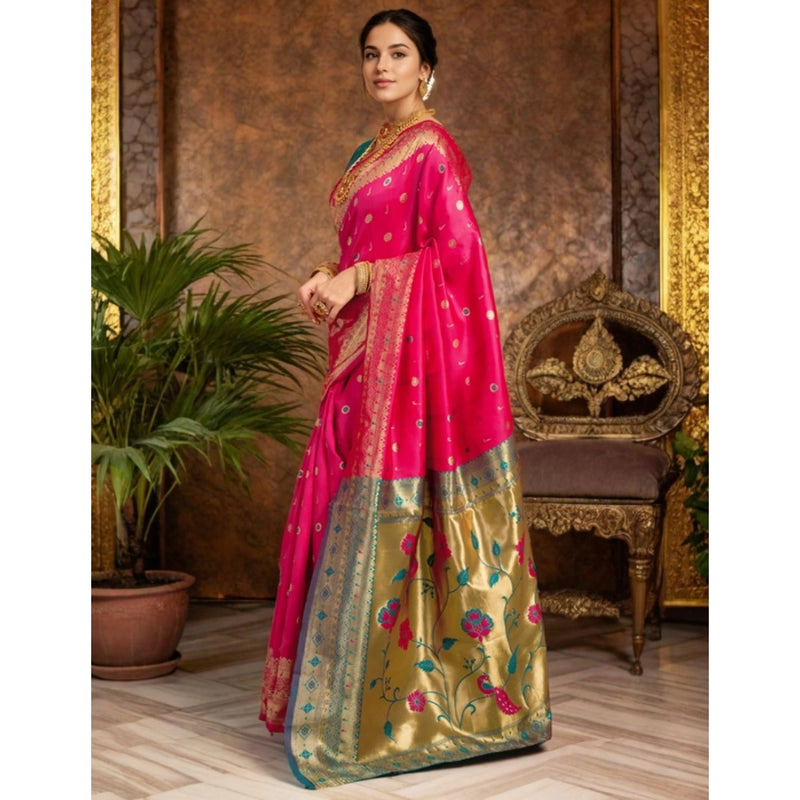 Mayawye Women's Silk Blend Zari Weaving Saree With Unstitched Blouse 5.5Mtr (Pink)