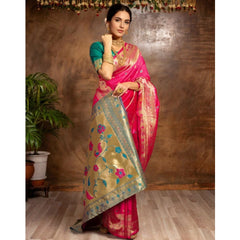 Mayawye Women's Silk Blend Zari Weaving Saree With Unstitched Blouse 5.5Mtr (Pink)
