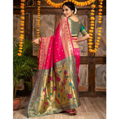 Mayawye Women's Silk Blend Zari Weaving Saree With Unstitched Blouse 5.5Mtr (Pink)
