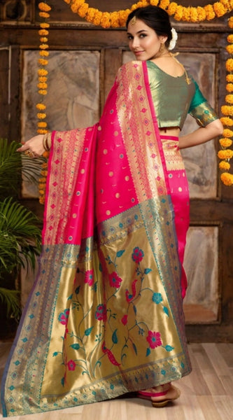 Mayawye Women's Silk Blend Zari Weaving Saree With Unstitched Blouse 5.5Mtr (Pink)