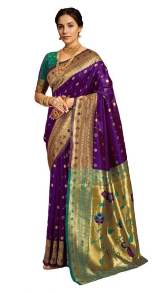 Mayawye Women's Silk Blend Zari Weaving Saree With Unstitched Blouse 5.5Mtr (Purple)