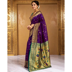 Mayawye Women's Silk Blend Zari Weaving Saree With Unstitched Blouse 5.5Mtr (Purple)