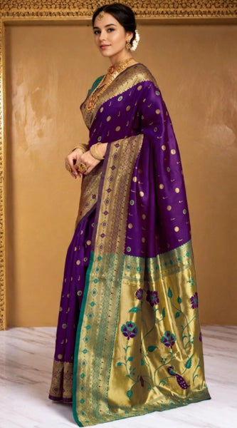 Mayawye Women's Silk Blend Zari Weaving Saree With Unstitched Blouse 5.5Mtr (Purple)