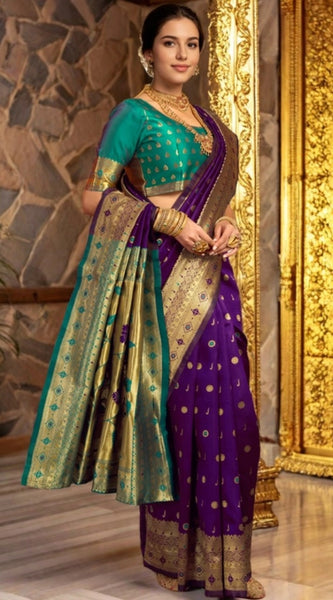 Mayawye Women's Silk Blend Zari Weaving Saree With Unstitched Blouse 5.5Mtr (Purple)