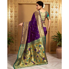 Mayawye Women's Silk Blend Zari Weaving Saree With Unstitched Blouse 5.5Mtr (Purple)