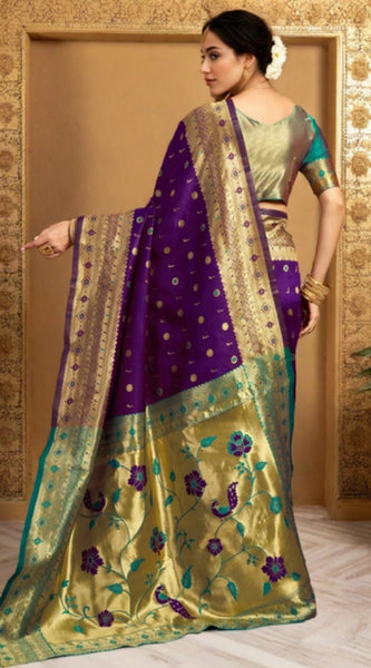 Mayawye Women's Silk Blend Zari Weaving Saree With Unstitched Blouse 5.5Mtr (Purple)
