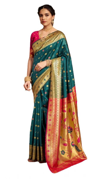 Mayawye Women's Silk Blend Zari Weaving Saree With Unstitched Blouse 5.5Mtr (Rama)