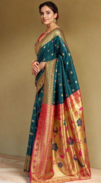 Mayawye Women's Silk Blend Zari Weaving Saree With Unstitched Blouse 5.5Mtr (Rama)
