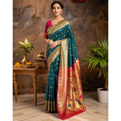 Mayawye Women's Silk Blend Zari Weaving Saree With Unstitched Blouse 5.5Mtr (Rama)