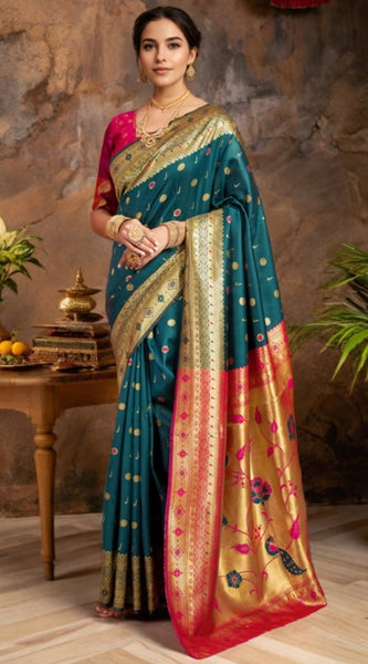 Mayawye Women's Silk Blend Zari Weaving Saree With Unstitched Blouse 5.5Mtr (Rama)