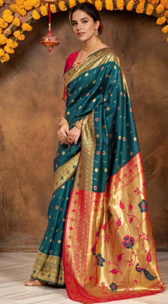 Mayawye Women's Silk Blend Zari Weaving Saree With Unstitched Blouse 5.5Mtr (Rama)