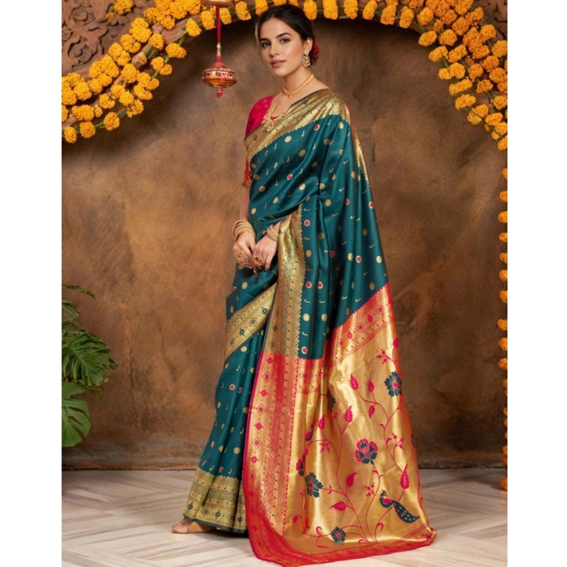 Mayawye Women's Silk Blend Zari Weaving Saree With Unstitched Blouse 5.5Mtr (Rama)
