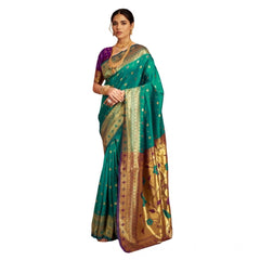 Mayawye Women's Silk Blend Zari Weaving Saree With Unstitched Blouse 5.5Mtr (Teal)