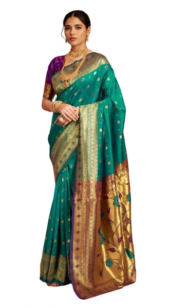 Mayawye Women's Silk Blend Zari Weaving Saree With Unstitched Blouse 5.5Mtr (Teal)