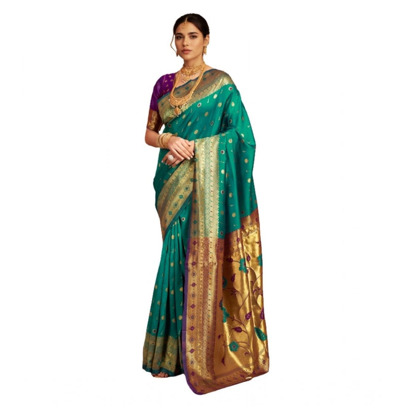 Mayawye Women's Silk Blend Zari Weaving Saree With Unstitched Blouse 5.5Mtr (Teal)