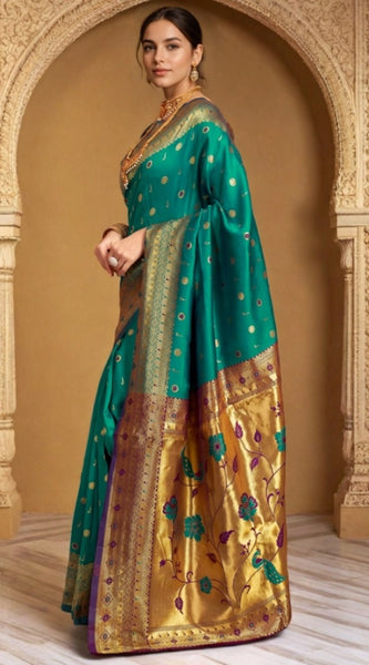 Mayawye Women's Silk Blend Zari Weaving Saree With Unstitched Blouse 5.5Mtr (Teal)
