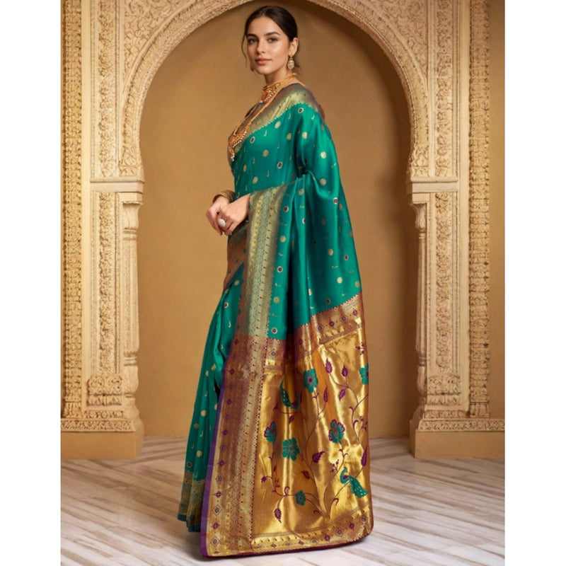 Mayawye Women's Silk Blend Zari Weaving Saree With Unstitched Blouse 5.5Mtr (Teal)
