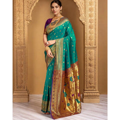 Mayawye Women's Silk Blend Zari Weaving Saree With Unstitched Blouse 5.5Mtr (Teal)