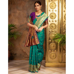 Mayawye Women's Silk Blend Zari Weaving Saree With Unstitched Blouse 5.5Mtr (Teal)