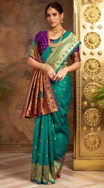 Mayawye Women's Silk Blend Zari Weaving Saree With Unstitched Blouse 5.5Mtr (Teal)