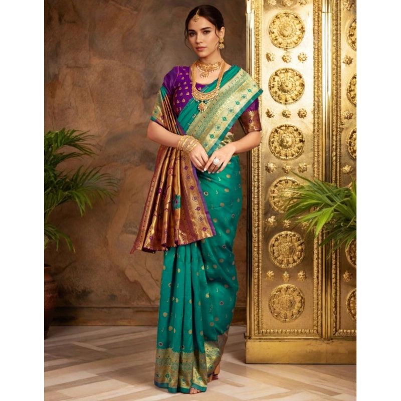 Mayawye Women's Silk Blend Zari Weaving Saree With Unstitched Blouse 5.5Mtr (Teal)