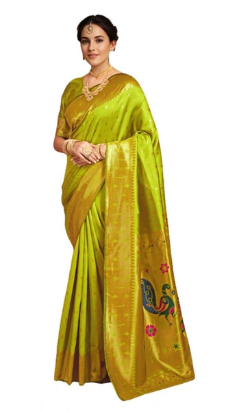 Mayawye Women's Silk Blend Zari Weaving Saree With Unstitched Blouse 5.5Mtr (Lime-Green)